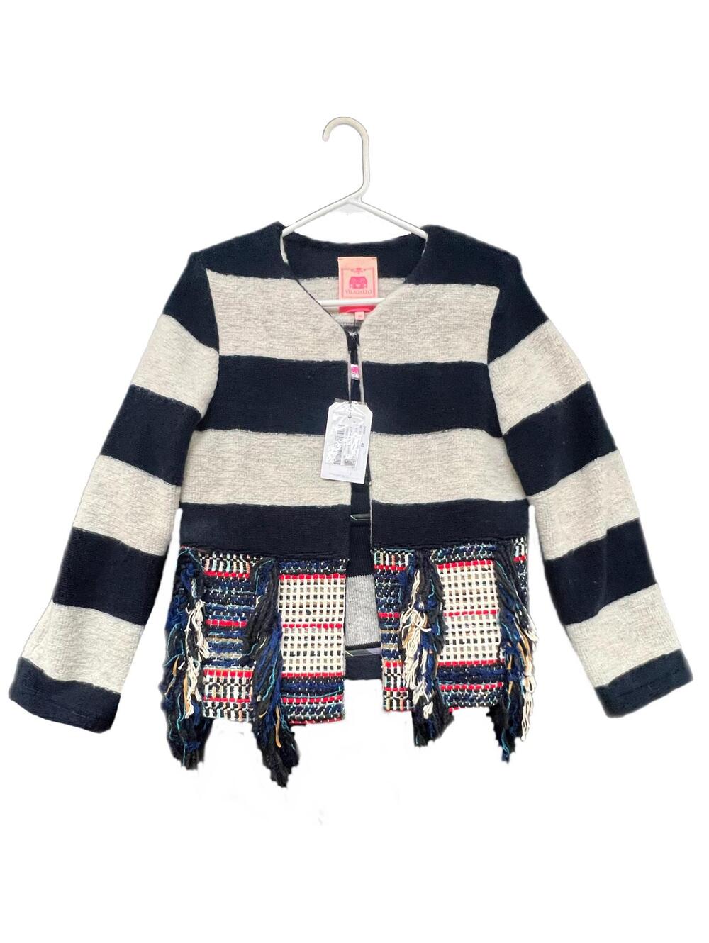 NEW VILAGALLO Wool Bend Jacket in Navy Stripe With Boho Fringe - M